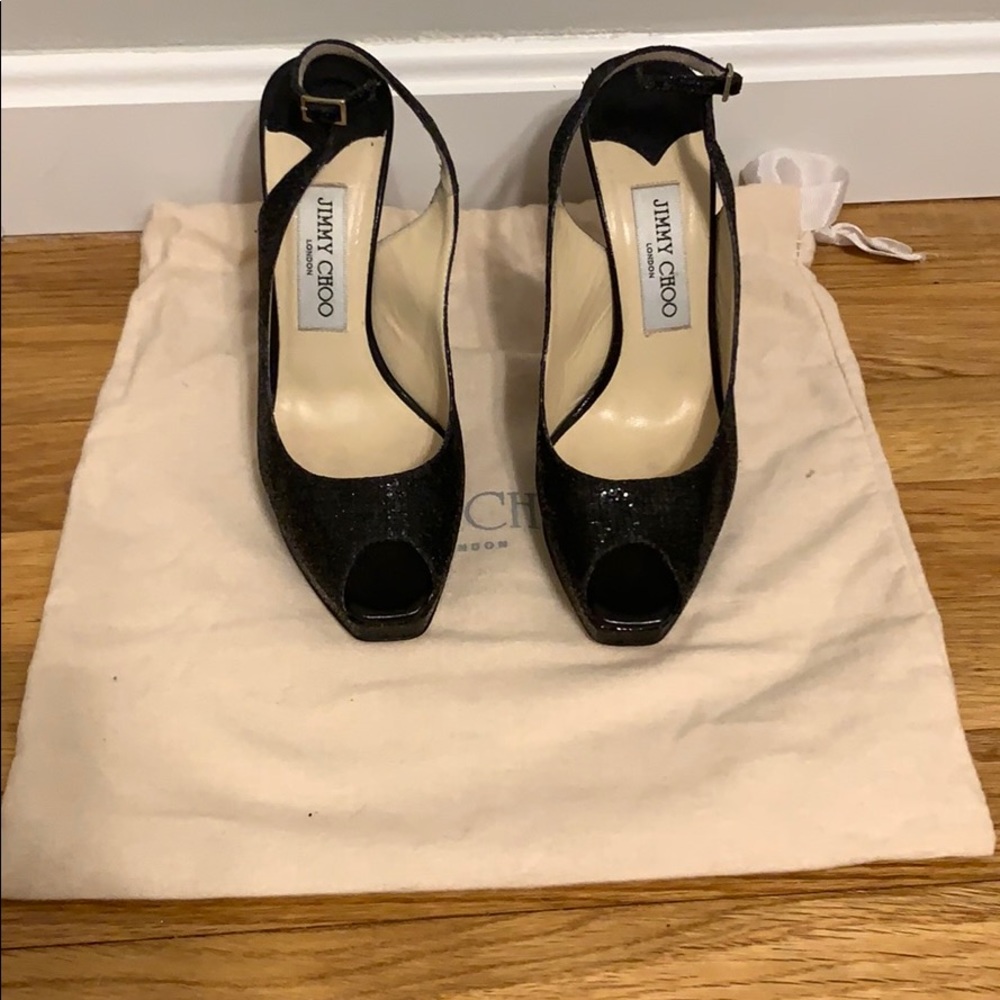 Worn Black Glitter Peeptoe Jimmy Choo